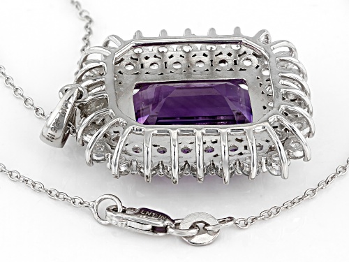 11.00ct Rectangular Octagonal Amethyst With 2.70ctw White Topaz Rhodium Over Silver Pendant Chain