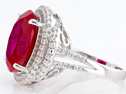 7.00ct Lab Created Ruby With 0.55ctw Lab Created Sapphire Rhodium Over Sterling Silver Ring - Size 6