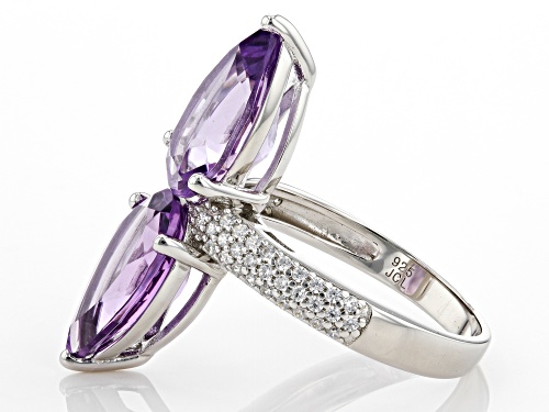5.26ctw Pear Amethyst With 0.46ctw White Zircon Rhodium Over Sterling Silver Ring - Size 8