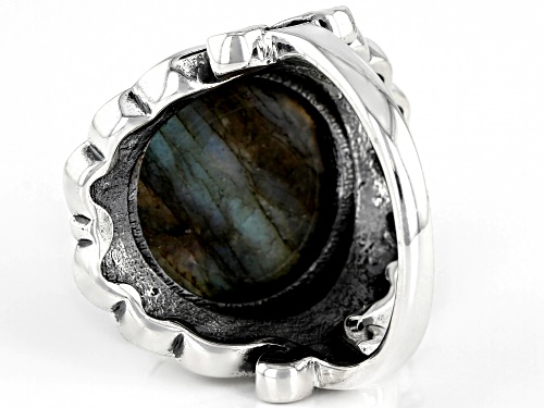 15mm Hand Carved Flower Labradorite, Sterling Silver Solitaire  Ring - Size 7