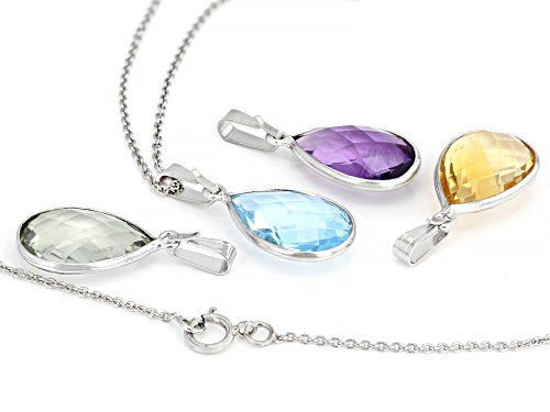 20.00ctw Mixed-Gemstone Rhodium Over Sterling Silver Set of 4 Pendants With Chain