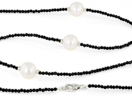 2mm Black Spinel With 10mm Cultured Freshwater Pearl Rhodium Over Sterling Silver Station Necklace - Size 36