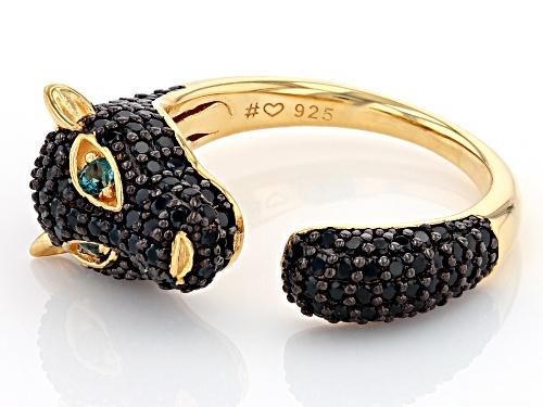1.44ctw Black Spinel with 0.08ctw London Blue Topaz 18k Yellow Gold Over Silver Panther Ring - Size 6