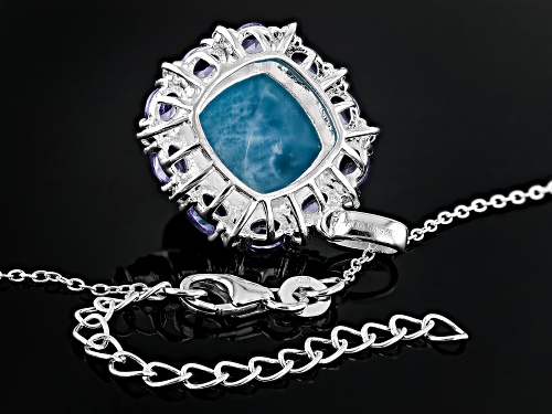 11mm Larimar with 1.63ctw Tanzanite with White Topaz Rhodium Over Sterling Silver Pendant with Chain