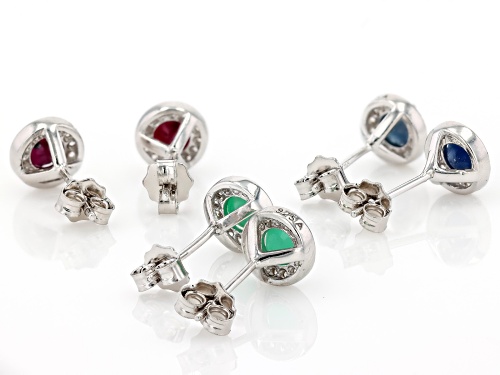 1.95ctw Ruby, Emerald, Sapphire Rhodium Over Sterling Silver Box Set of 3 Earrings