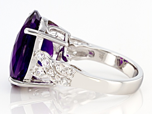 8.00ct Oval Amethyst With 0.65ctw Round White Zircon Rhodium Over Sterling Silver Ring - Size 7