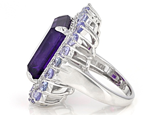 11.50ct Amethyst With 3.10ctw Tanzanite And 0.68ctw White Zircon Rhodium Over Sterling Silver Ring - Size 7