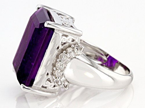 15.00ct African Amethyst With 0.65ctw White Zircon Rhodium Over Sterling Silver Ring - Size 7