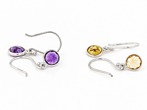 1.70ctw 6mm Citrine & 1.50ctw Amethyst Rhodium Over Sterling Silver Earrings Set of 2