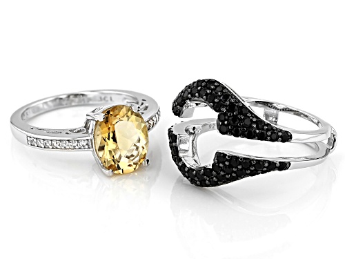 3.56ctw Citrine With Black Spinel And White Zircon Rhodium Over Sterling Silver Ring Set of 2 - Size 8