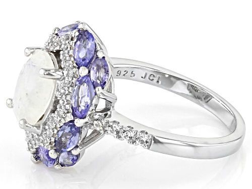 2.00ct Rainbow Moonstone With 2.88ctw Tanzanite And White Zircon Rhodium Over Sterling Silver Ring - Size 7