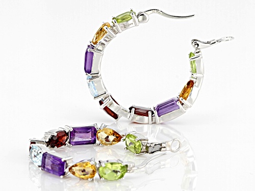 8.95ctw Multi Gemstone Rhodium Over Sterling Silver Hoop Earrings