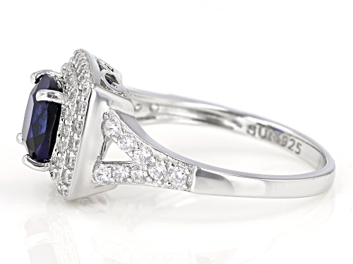 1.70ct Cushion Lab Blue Sapphire With 0.79ctw Round Cubic Zirconia Rhodium Over Sterling Ring - Size 7