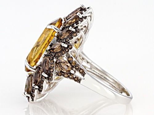 7.00ct Oval Golden Citrine With 2.50ctw Smoky Quartz Rhodium Over Sterling Silver Ring - Size 8
