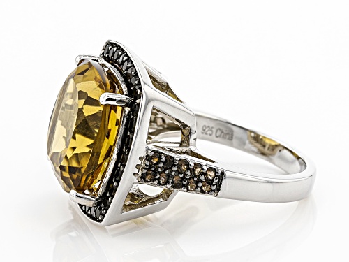 9.50ct Cushion Citrine With 0.75ctw Round Smoky Quartz Rhodium Over Sterling Silver Ring - Size 7