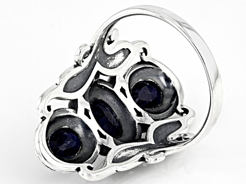 1.75CTW Oval Blue Sapphire Rhodium Over Sterling Silver 3 Stone Ring - Size 7