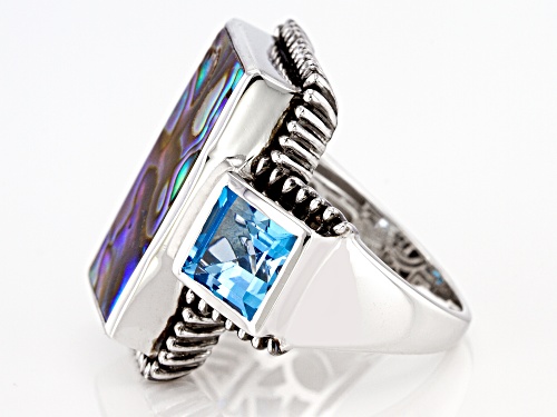 20x10mm Abalone Shell and 3.74ctw Swiss Blue Topaz Rhodium Over Sterling Silver Ring - Size 6