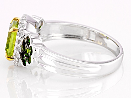 1.34ct Green Peridot, 0.27ctw Chrome Diopside, with 0.18ctw White Topaz Rhodium Over Silver Ring - Size 7
