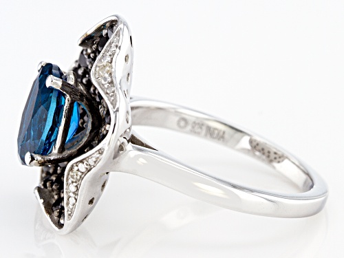 1.69ctw Black Spinel With 2.16ctw London Blue Topaz and White Zircon Rhodium Over Silver Ring - Size 7