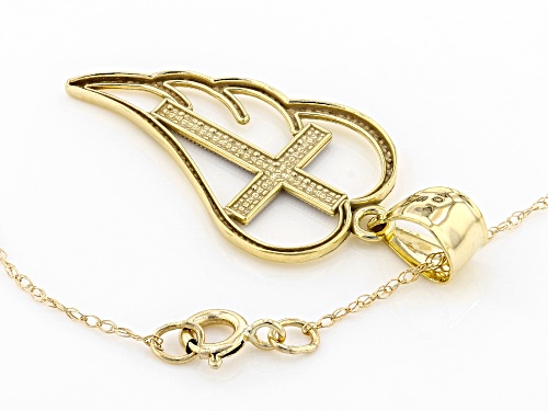 10K Yellow Gold with White Rhodium Accent Cross Angel Wing Pendant with 18 Inch Chain
