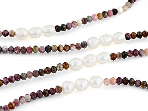 7-8mm White Cultured Freshwater Pearl & Multi-Color Tourmaline 42 Inch Endless Necklace - Size 42