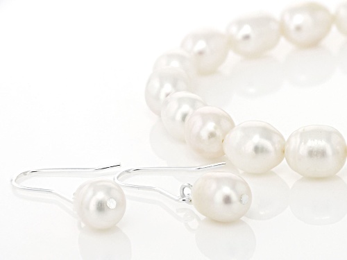 8-10mm White Cultured Freshwater Pearl Sterling Silver Necklace, Bracelet, & Earring Set