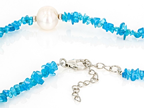 10mm White Cultured Freshwater Pearl And 65ctw Neon Apatite Rhodium Over Sterling Silver Necklace - Size 18