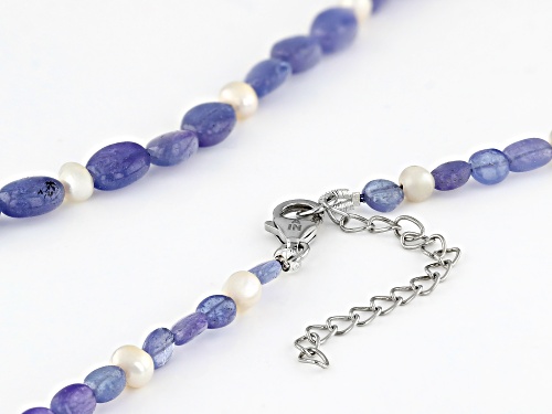 5mm White Cultured Freshwater Pearl and Tanzanite Rhodium Over Sterling Silver Necklace - Size 18