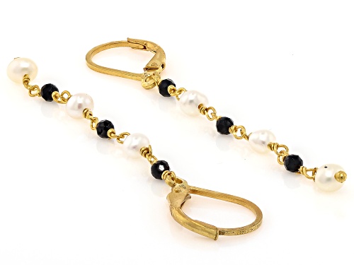 4mm White Cultured Freshwater Pearl & Black Spinel 18k Yellow Gold Over Sterling Silver Earrings
