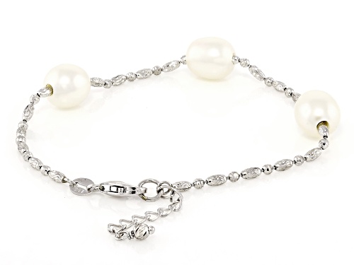 9mm White Cultured Freshwater Pearl Rhodium Over Sterling Silver Bracelet