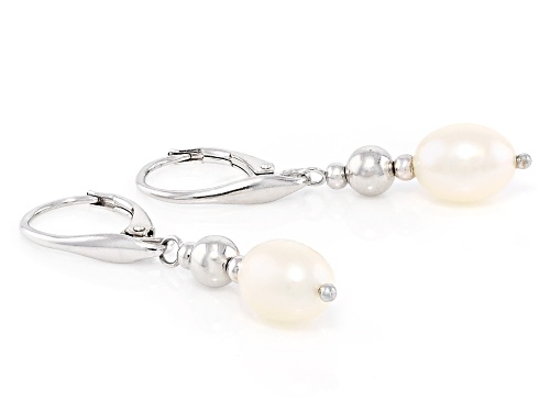 7mm White Cultured Freshwater Pearl Rhodium Over Sterling Silver Necklace, Bracelet, And Earring Set