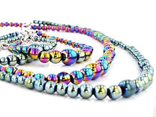 4-12mm Round Graduated Rainbow Color & Green Hematine Silver Set of Two Necklace & Bracelet