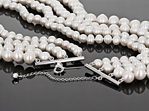 6-9.5mm White Cultured Freshwater Pearl Rhodium Over Sterling Silver Multi-Row Necklace - Size 17