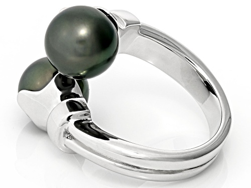 9.5-10mm Cultured Tahitian Pearl Rhodium Over Sterling Silver Bypass Ring - Size 12