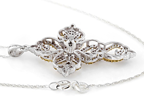 0.50ctw Round Yellow & White Diamond Rhodium Over Silver Cross Pendant With Rope Chain