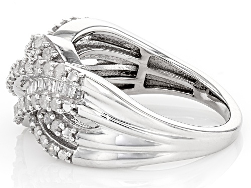 0.90ctw Round And Baguette White Diamond Rhodium Over Sterling Silver Crossover Ring - Size 8