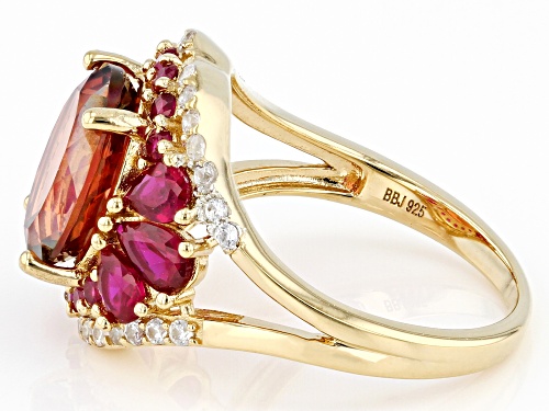 2.62ct Red Labradorite, 1.69ctw Lab Ruby And 0.40ctw Zircon 18k Yellow Gold Over Silver Ring - Size 8