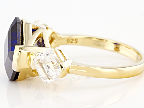 4.67ct Lab Blue Spinel And 1.36ctw Lab White Sapphire 18k Yellow Gold Over Silver 3-Stone Ring - Size 9