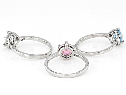 .85ct Glacier Topaz(TM) With 1.95ctw Pink, White Topaz & Spinel Rhodium Over Silver Set/3 Rings - Size 8