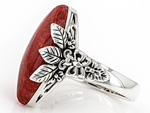 22x12mm Marquise Sponge Red Coral Sterling Silver Ring - Size 7