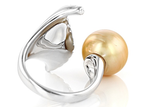 11-12mm Golden Cultured South Sea Pearl With 0.44ctw White Topaz Rhodium Over Silver Ring - Size 11