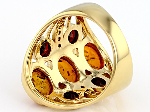 8X6mm amber, 1.19ctw Vermelho Garnet™ and .04ctw yellow diamond accent 18k gold over silver ring - Size 7