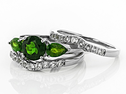 1.95ctw Chrome Diopside & .60ctw White Topaz Rhodium Over Silver Ring and 2 Ring Wraps 3-Piece Set - Size 9