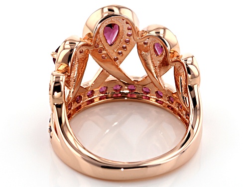 1.45CTW PEAR SHAPE AND ROUND RASPBERRY COLOR RHODOLITE 18K ROSE GOLD OVER SILVER CROWN RING - Size 5