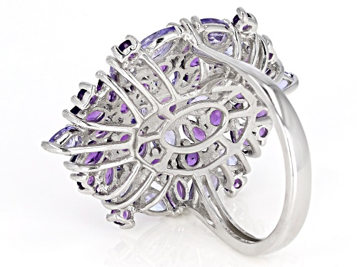 2.49ctw Marquise & Round Amethyst With 2.14ctw Pear Shape Tanzanite Rhodium Over Silver Cluster Ring - Size 6