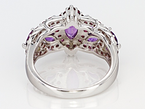 1.35ctw Marquise African Amethyst & .74ctw Raspberry Color Rhodolite Rhodium Over Silver Ring - Size 7