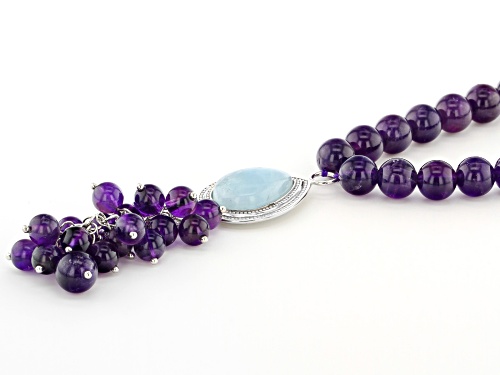 6mm & 8mm Round Amethyst Bead With Pear Shape & Oval Aquamarine Cabochon Silver Tassel Necklace - Size 20
