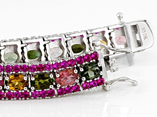 11.65ctw Oval Mixed-Color Tourmaline & 7.23ctw Lab Created Ruby Rhodium Over Silver Bracelet - Size 7.25