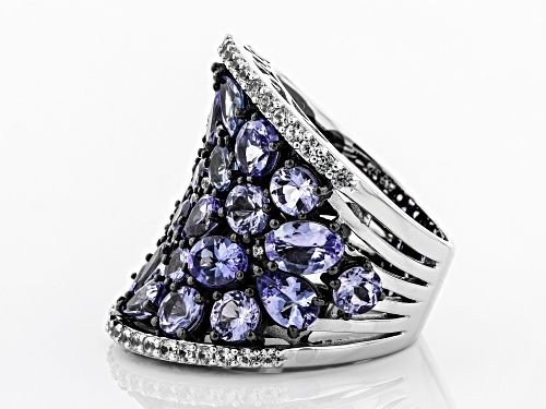 6.84ctw Mixed Shape Tanzanite with .84ctw White Zircon Rhodium Over Sterling Silver Band Ring - Size 7