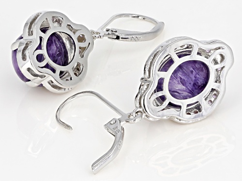 12x10mm Oval Charoite & .40ctw Round African Amethyst Rhodium Over Silver Dangle Earrings